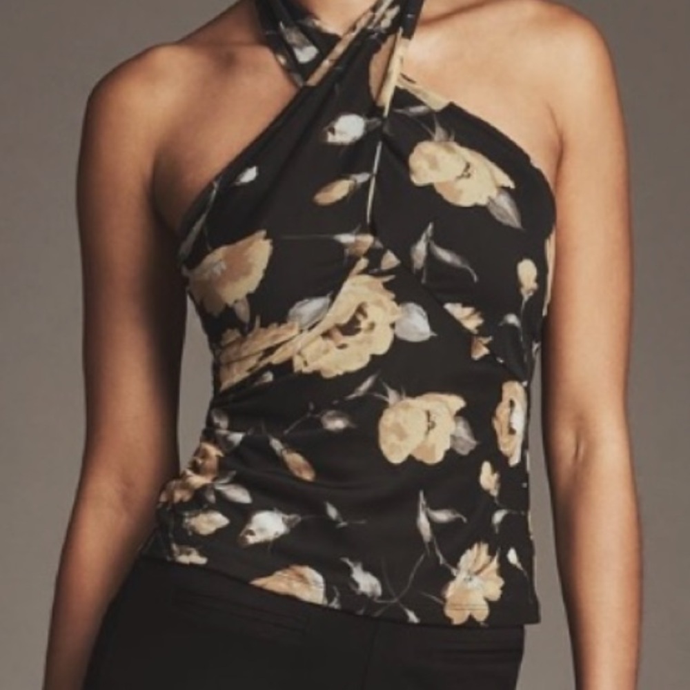 🟤NWT ANTHROPOLOGIE Tie-Neck Shirred
Halter Top in Black/Gold Floral Print XS